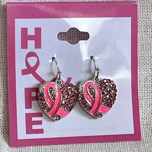 Breast Cancer Awareness Pink Heart Ribbon Earrings
